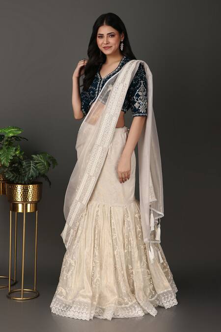 Shop Nidhi Kejriwal Off White Net, Tissue, Velvet, Border Pre-draped Lehenga Saree With Blouse Online at Aza Fashions Shop_Nidhi Kejriwal_Off White Net, Tissue, Velvet, Border Pre-draped Lehenga Saree With Blouse _Online_at_Aza_Fashions