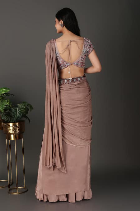 Shop Nidhi Kejriwal Grey Crepe, Georgette Beads, Embroidery V-neck Pre-draped Saree With Blouse at Aza Fashions Shop_Nidhi Kejriwal_Grey Crepe, Georgette Beads, Embroidery V-neck Pre-draped Saree With Blouse_at_Aza_Fashions