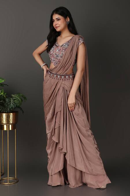 Nidhi Kejriwal Grey Crepe, Georgette Beads, Embroidery V-neck Pre-draped Saree With Blouse Online at Aza Fashions Nidhi Kejriwal_Grey Crepe, Georgette Beads, Embroidery V-neck Pre-draped Saree With Blouse_Online_at_Aza_Fashions