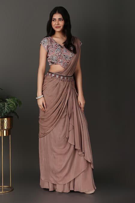 Buy Nidhi Kejriwal Grey Crepe, Georgette Beads, Embroidery V-neck Pre-draped Saree With Blouse Online at Aza Fashions Buy_Nidhi Kejriwal_Grey Crepe, Georgette Beads, Embroidery V-neck Pre-draped Saree With Blouse_Online_at_Aza_Fashions