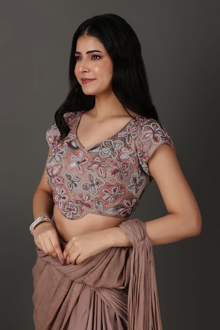 Shop Nidhi Kejriwal Grey Crepe, Georgette Beads, Embroidery V-neck Pre-draped Saree With Blouse Online at Aza Fashions Shop_Nidhi Kejriwal_Grey Crepe, Georgette Beads, Embroidery V-neck Pre-draped Saree With Blouse_Online_at_Aza_Fashions