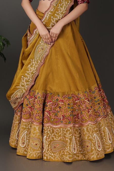 Nidhi Kejriwal Gold Silk, Tissue Embroidery, Diamonds Split V-neck Hand Blouse Lehenga Set Online at Aza Fashions Nidhi Kejriwal_Gold Silk, Tissue Embroidery, Diamonds Split V-neck Hand Blouse Lehenga Set _Online_at_Aza_Fashions