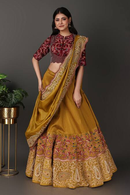 Buy Nidhi Kejriwal Gold Silk, Tissue Embroidery, Diamonds Split V-neck Hand Blouse Lehenga Set Online at Aza Fashions Buy_Nidhi Kejriwal_Gold Silk, Tissue Embroidery, Diamonds Split V-neck Hand Blouse Lehenga Set _Online_at_Aza_Fashions
