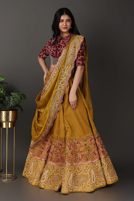 Shop Nidhi Kejriwal Gold Silk, Tissue Embroidery, Diamonds Split V-neck Hand Blouse Lehenga Set Online at Aza Fashions Shop_Nidhi Kejriwal_Gold Silk, Tissue Embroidery, Diamonds Split V-neck Hand Blouse Lehenga Set _Online_at_Aza_Fashions
