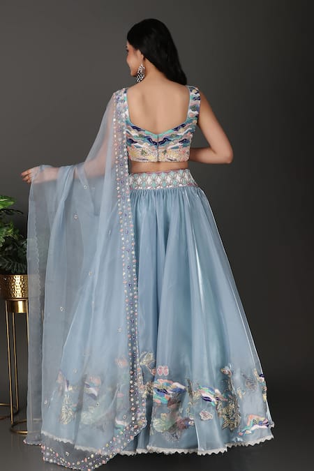 Shop Nidhi Kejriwal Blue Crepe, Organza Beads, Embroidery Asymmetric Blouse Lehenga Set at Aza Fashions Shop_Nidhi Kejriwal_Blue Crepe, Organza Beads, Embroidery Asymmetric Blouse Lehenga Set _at_Aza_Fashions