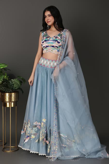 Nidhi Kejriwal Blue Crepe, Organza Beads, Embroidery Asymmetric Blouse Lehenga Set Online at Aza Fashions Nidhi Kejriwal_Blue Crepe, Organza Beads, Embroidery Asymmetric Blouse Lehenga Set _Online_at_Aza_Fashions