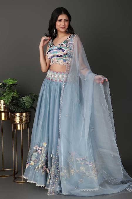 Shop Nidhi Kejriwal Blue Crepe, Organza Beads, Embroidery Asymmetric Blouse Lehenga Set Online at Aza Fashions Shop_Nidhi Kejriwal_Blue Crepe, Organza Beads, Embroidery Asymmetric Blouse Lehenga Set _Online_at_Aza_Fashions