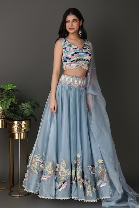 Nidhi Kejriwal Blue Crepe, Organza Beads, Embroidery Asymmetric Blouse Lehenga Set at Aza Fashions Nidhi Kejriwal_Blue Crepe, Organza Beads, Embroidery Asymmetric Blouse Lehenga Set _at_Aza_Fashions