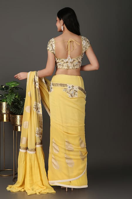 Shop Nidhi Kejriwal Yellow Georgette Embroidery, Sequins, Beads Sweetheart Border Saree With Blouse at Aza Fashions Shop_Nidhi Kejriwal_Yellow Georgette Embroidery, Sequins, Beads Sweetheart Border Saree With Blouse _at_Aza_Fashions