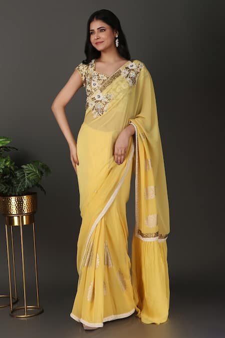 Nidhi Kejriwal Yellow Georgette Embroidery, Sequins, Beads Sweetheart Border Saree With Blouse Online at Aza Fashions Nidhi Kejriwal_Yellow Georgette Embroidery, Sequins, Beads Sweetheart Border Saree With Blouse _Online_at_Aza_Fashions