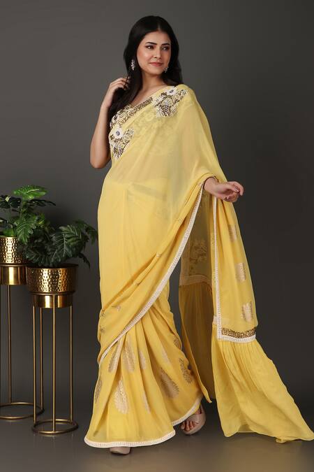 Buy Nidhi Kejriwal Yellow Georgette Embroidery, Sequins, Beads Sweetheart Border Saree With Blouse Online at Aza Fashions Buy_Nidhi Kejriwal_Yellow Georgette Embroidery, Sequins, Beads Sweetheart Border Saree With Blouse _Online_at_Aza_Fashions
