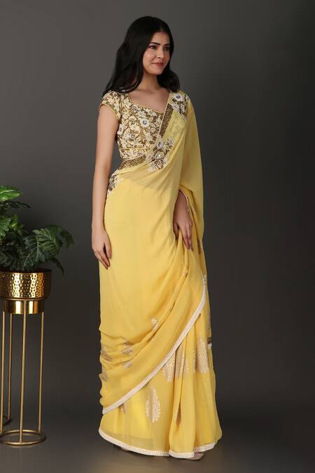 Shop Nidhi Kejriwal Yellow Georgette Embroidery, Sequins, Beads Sweetheart Border Saree With Blouse Online at Aza Fashions Shop_Nidhi Kejriwal_Yellow Georgette Embroidery, Sequins, Beads Sweetheart Border Saree With Blouse _Online_at_Aza_Fashions