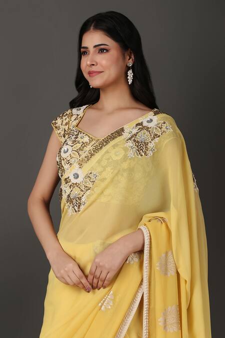 Nidhi Kejriwal Yellow Georgette Embroidery, Sequins, Beads Sweetheart Border Saree With Blouse at Aza Fashions Nidhi Kejriwal_Yellow Georgette Embroidery, Sequins, Beads Sweetheart Border Saree With Blouse _at_Aza_Fashions