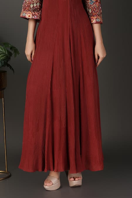 Nidhi Kejriwal_Brown Crepe Sequins, Embroidery V-neck Pintucked Anarkali_Online_at_Aza_Fashions