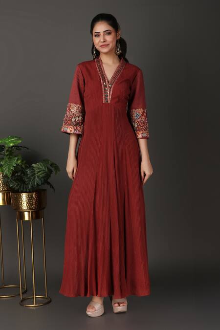 Buy_Nidhi Kejriwal_Brown Crepe Sequins, Embroidery V-neck Pintucked Anarkali_Online_at_Aza_Fashions