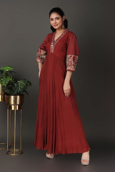 Shop_Nidhi Kejriwal_Brown Crepe Sequins, Embroidery V-neck Pintucked Anarkali_Online_at_Aza_Fashions