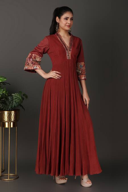 Nidhi Kejriwal_Brown Crepe Sequins, Embroidery V-neck Pintucked Anarkali_at_Aza_Fashions
