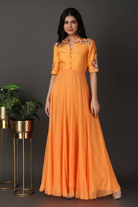 Nidhi Kejriwal Orange Chiffon Embroidered Floral Notched Anarkali 