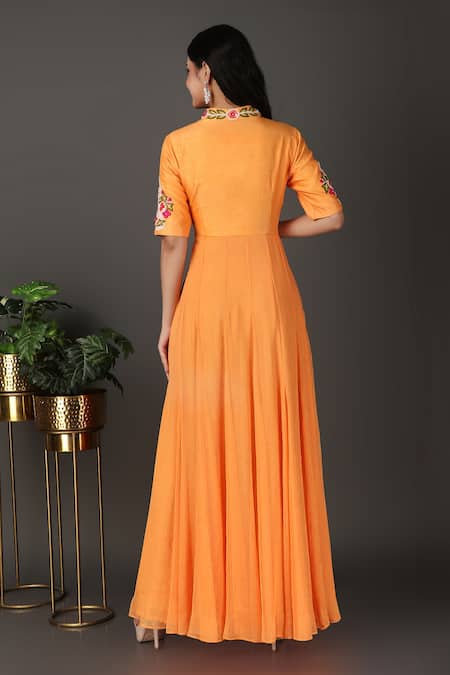 Shop Nidhi Kejriwal Orange Chiffon, Denim Embroidery Mandarin Collar Floral Anarkali at Aza Fashions Shop_Nidhi Kejriwal_Orange Chiffon, Denim Embroidery Mandarin Collar Floral Anarkali _at_Aza_Fashions