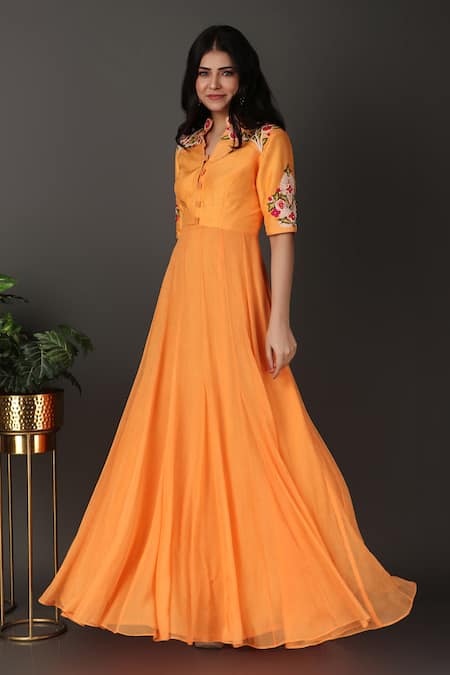 Nidhi Kejriwal Orange Chiffon, Denim Embroidery Mandarin Collar Floral Anarkali Online at Aza Fashions Nidhi Kejriwal_Orange Chiffon, Denim Embroidery Mandarin Collar Floral Anarkali _Online_at_Aza_Fashions