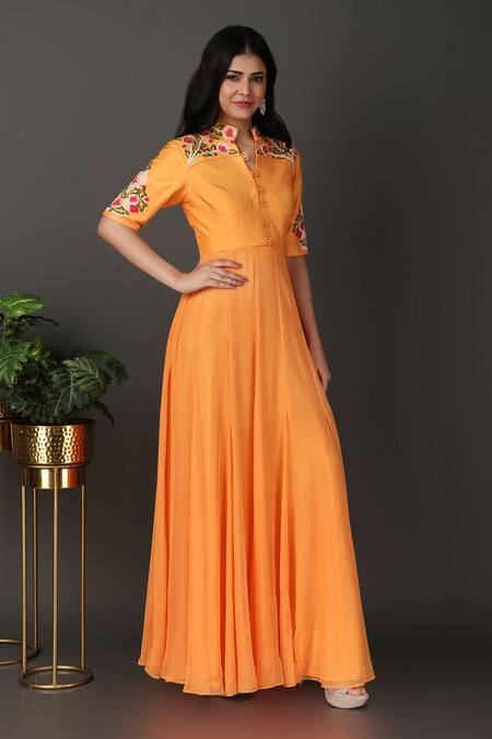 Buy Nidhi Kejriwal Orange Chiffon, Denim Embroidery Mandarin Collar Floral Anarkali Online at Aza Fashions Buy_Nidhi Kejriwal_Orange Chiffon, Denim Embroidery Mandarin Collar Floral Anarkali _Online_at_Aza_Fashions