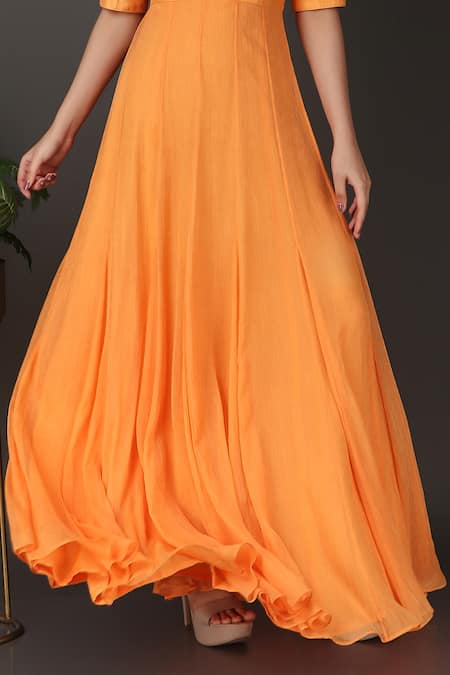 Shop Nidhi Kejriwal Orange Chiffon, Denim Embroidery Mandarin Collar Floral Anarkali Online at Aza Fashions Shop_Nidhi Kejriwal_Orange Chiffon, Denim Embroidery Mandarin Collar Floral Anarkali _Online_at_Aza_Fashions