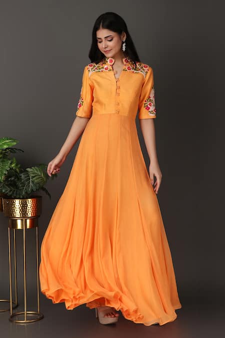 Nidhi Kejriwal Orange Chiffon, Denim Embroidery Mandarin Collar Floral Anarkali at Aza Fashions Nidhi Kejriwal_Orange Chiffon, Denim Embroidery Mandarin Collar Floral Anarkali _at_Aza_Fashions