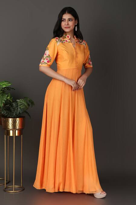 Buy Nidhi Kejriwal Orange Chiffon, Denim Embroidery Mandarin Collar Floral Anarkali Buy_Nidhi Kejriwal_Orange Chiffon, Denim Embroidery Mandarin Collar Floral Anarkali