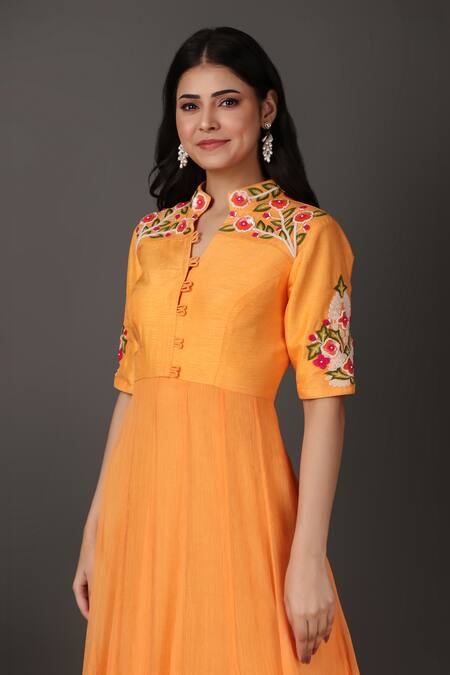 Shop Nidhi Kejriwal Orange Chiffon, Denim Embroidery Mandarin Collar Floral Anarkali Shop_Nidhi Kejriwal_Orange Chiffon, Denim Embroidery Mandarin Collar Floral Anarkali