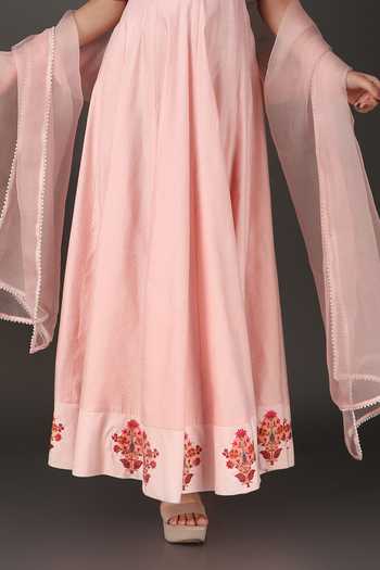Nidhi Kejriwal_Pink Organza, Jacquard Embroidery, Sequins Square Neck, Anarkali With Dupatta _Online_at_Aza_Fashions