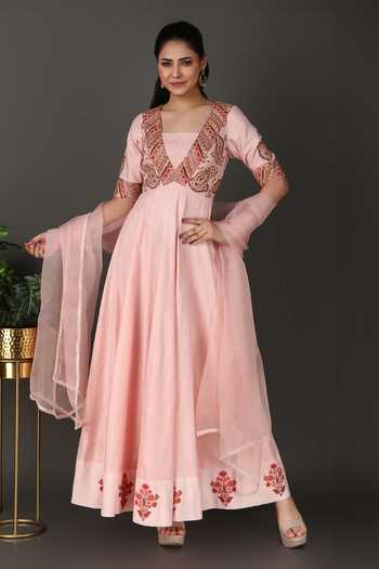 Buy_Nidhi Kejriwal_Pink Organza, Jacquard Embroidery, Sequins Square Neck, Anarkali With Dupatta _Online_at_Aza_Fashions