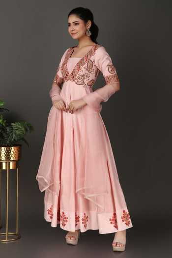 Shop_Nidhi Kejriwal_Pink Organza, Jacquard Embroidery, Sequins Square Neck, Anarkali With Dupatta _Online_at_Aza_Fashions