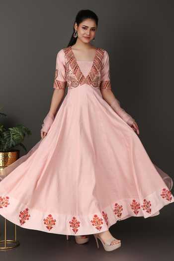 Nidhi Kejriwal_Pink Organza, Jacquard Embroidery, Sequins Square Neck, Anarkali With Dupatta _at_Aza_Fashions