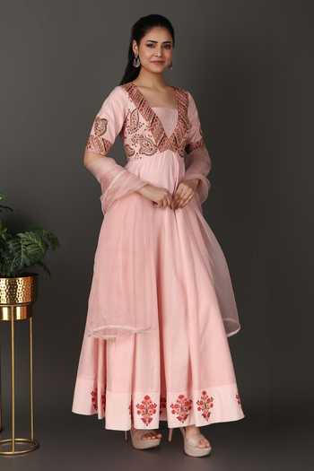 Buy_Nidhi Kejriwal_Pink Organza, Jacquard Embroidery, Sequins Square Neck, Anarkali With Dupatta 