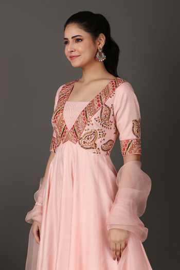 Shop_Nidhi Kejriwal_Pink Organza, Jacquard Embroidery, Sequins Square Neck, Anarkali With Dupatta 