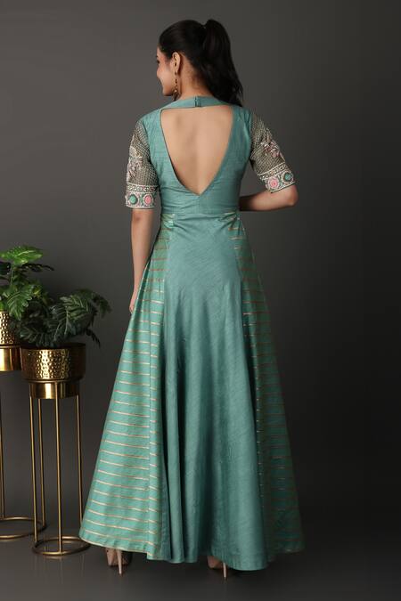 Shop Nidhi Kejriwal Green Denim, Silk Embroidery Round Neck Floral Jaal Work Anarkali With Dupatta at Aza Fashions Shop_Nidhi Kejriwal_Green Denim, Silk Embroidery Round Neck Floral Jaal Work Anarkali With Dupatta_at_Aza_Fashions