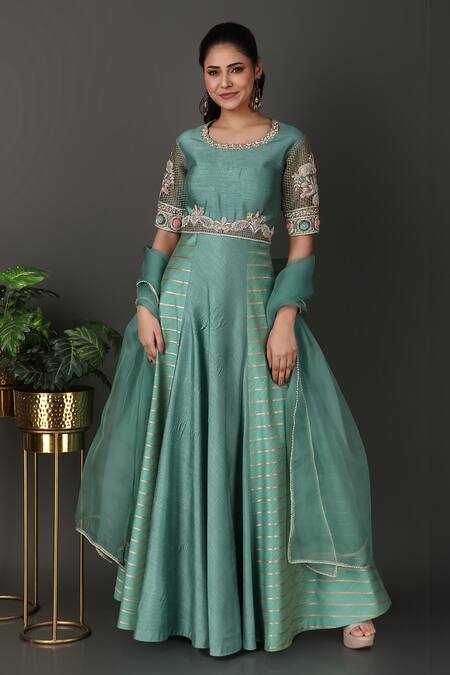 Nidhi Kejriwal Green Denim, Silk Embroidery Round Neck Floral Jaal Work Anarkali With Dupatta Online at Aza Fashions Nidhi Kejriwal_Green Denim, Silk Embroidery Round Neck Floral Jaal Work Anarkali With Dupatta_Online_at_Aza_Fashions