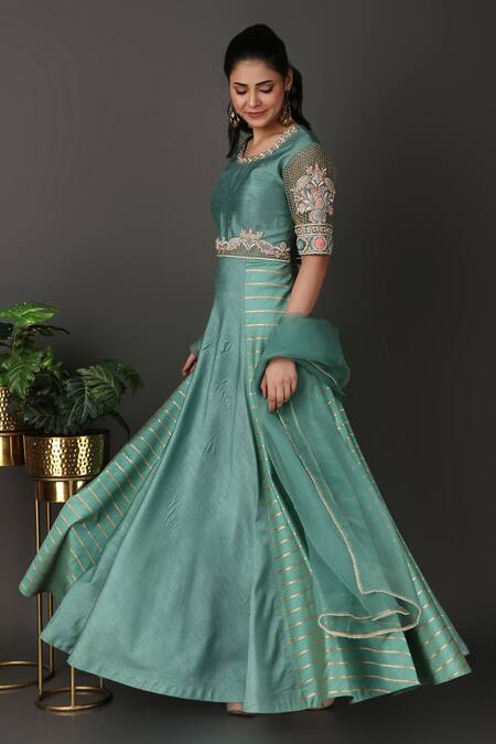 Buy Nidhi Kejriwal Green Denim, Silk Embroidery Round Neck Floral Jaal Work Anarkali With Dupatta Online at Aza Fashions Buy_Nidhi Kejriwal_Green Denim, Silk Embroidery Round Neck Floral Jaal Work Anarkali With Dupatta_Online_at_Aza_Fashions