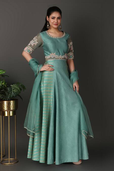 Shop Nidhi Kejriwal Green Denim, Silk Embroidery Round Neck Floral Jaal Work Anarkali With Dupatta Online at Aza Fashions Shop_Nidhi Kejriwal_Green Denim, Silk Embroidery Round Neck Floral Jaal Work Anarkali With Dupatta_Online_at_Aza_Fashions
