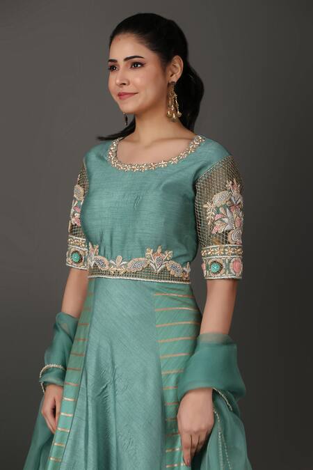 Nidhi Kejriwal Green Denim, Silk Embroidery Round Neck Floral Jaal Work Anarkali With Dupatta at Aza Fashions Nidhi Kejriwal_Green Denim, Silk Embroidery Round Neck Floral Jaal Work Anarkali With Dupatta_at_Aza_Fashions