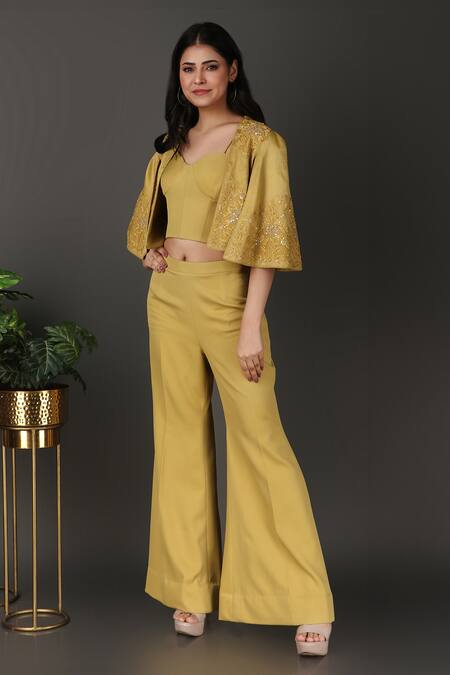 Buy_Nidhi Kejriwal_Yellow Cotton Embroidery, Sequins Floral Thread And Work Jacket Pant Set_Online_at_Aza_Fashions