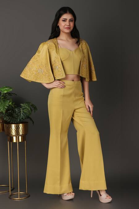 Shop_Nidhi Kejriwal_Yellow Cotton Embroidery, Sequins Floral Thread And Work Jacket Pant Set_Online_at_Aza_Fashions