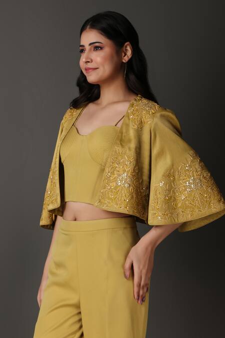 Nidhi Kejriwal_Yellow Cotton Embroidery, Sequins Floral Thread And Work Jacket Pant Set_at_Aza_Fashions