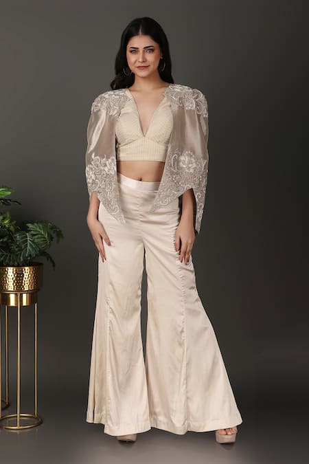 Buy Nidhi Kejriwal Ivory Georgette, Tissue, Satin Embroidery Plunge Neck Cutwork Cape Palazzo Set Online at Aza Fashions Buy_Nidhi Kejriwal_Ivory Georgette, Tissue, Satin Embroidery Plunge Neck Cutwork Cape Palazzo Set _Online_at_Aza_Fashions