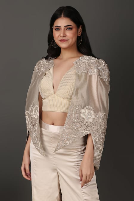 Shop Nidhi Kejriwal Ivory Georgette, Tissue, Satin Embroidery Plunge Neck Cutwork Cape Palazzo Set Shop_Nidhi Kejriwal_Ivory Georgette, Tissue, Satin Embroidery Plunge Neck Cutwork Cape Palazzo Set