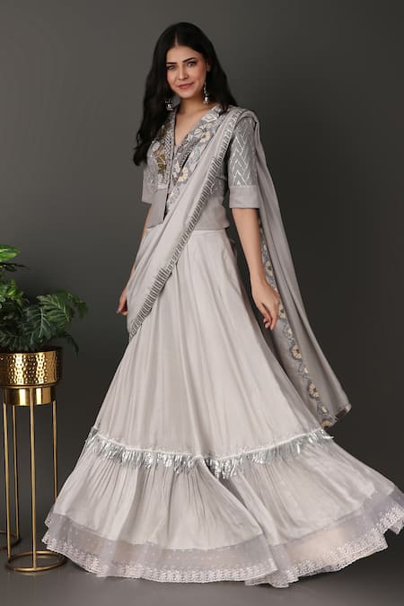 Nidhi Kejriwal_Grey Silk, Organza, Georgette Pre-draped Lehenga Saree With Peplum Blouse _Online_at_Aza_Fashions