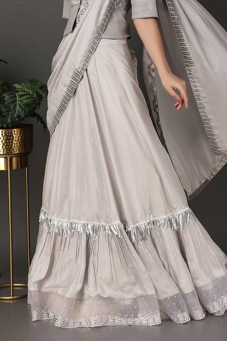 Buy_Nidhi Kejriwal_Grey Silk, Organza, Georgette Pre-draped Lehenga Saree With Peplum Blouse _Online_at_Aza_Fashions