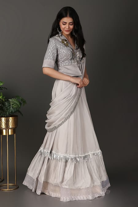 Shop_Nidhi Kejriwal_Grey Silk, Organza, Georgette Pre-draped Lehenga Saree With Peplum Blouse _Online_at_Aza_Fashions