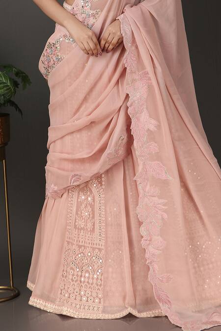 Nidhi Kejriwal Pink Crepe, Georgette Floral Cutwork Pre-draped Lehenga Saree With Blouse Online at Aza Fashions Nidhi Kejriwal_Pink Crepe, Georgette Floral Cutwork Pre-draped Lehenga Saree With Blouse _Online_at_Aza_Fashions