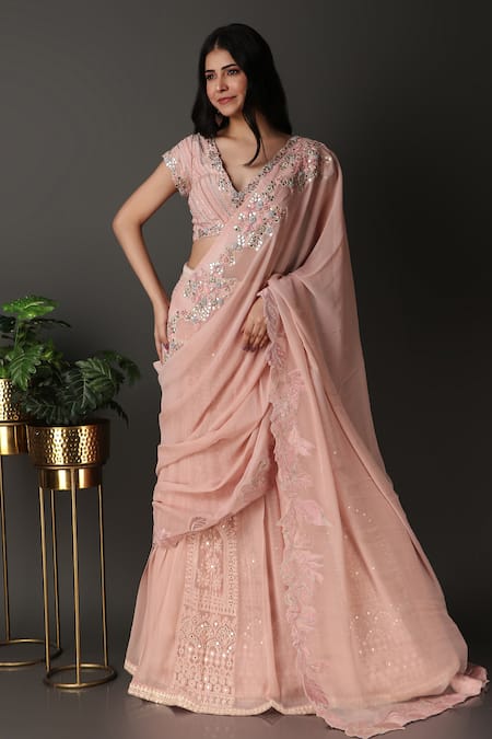 Buy Nidhi Kejriwal Pink Crepe, Georgette Floral Cutwork Pre-draped Lehenga Saree With Blouse Online at Aza Fashions Buy_Nidhi Kejriwal_Pink Crepe, Georgette Floral Cutwork Pre-draped Lehenga Saree With Blouse _Online_at_Aza_Fashions